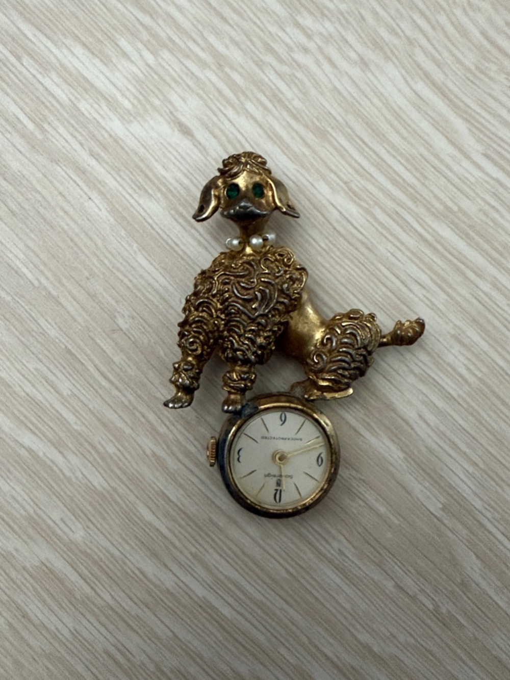 Sovereign Vintage Gold Poodle Brooch with Green Gemstone Eyes and Mini Watch